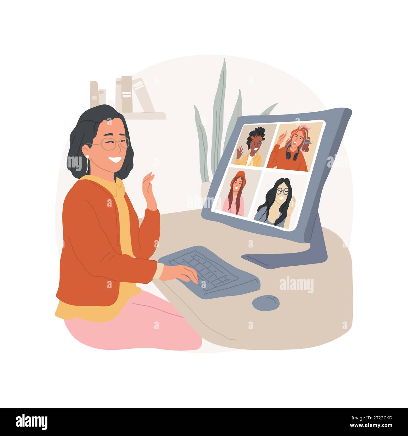Virtual meeting room isolated cartoon vector illustration. Teen girl having communication with group of friends during live chatting via internet, online virtual meeting vector cartoon. Stock Vector
