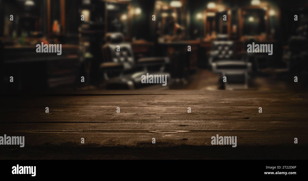 empty wooden tabletop for product display on blurred dark barbershop interior background Stock Photo