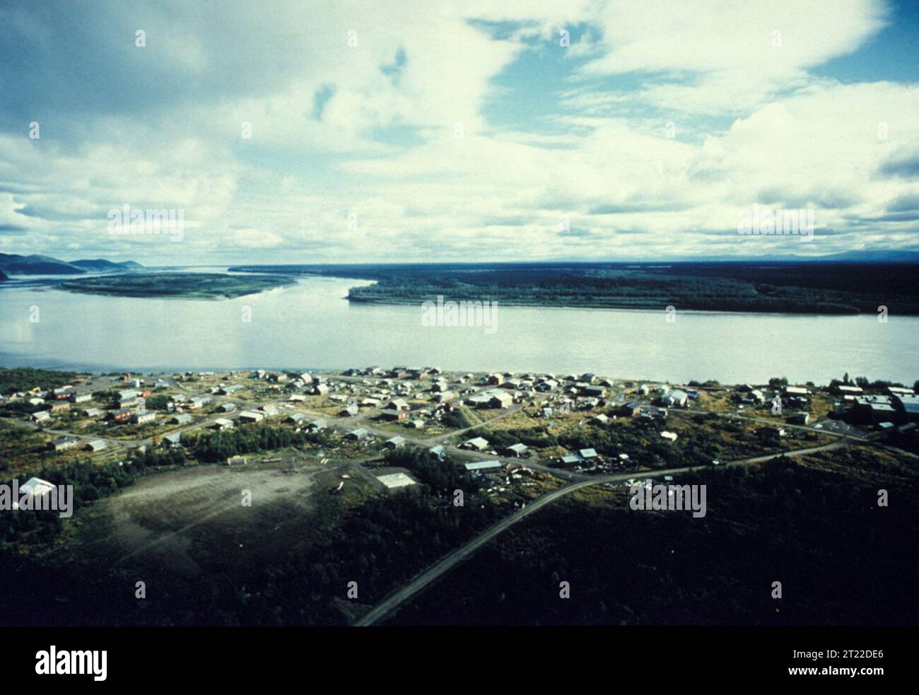 Aerial view of the village of Kaltag and the Yukon. Kaltag is located on the Yukon River near the Innoko National Wildlife Refuge. This village is a checkpoint for the Iditarod Trail Race. Subjects: Aerial photography photography; Villages; Villagess; Rivers and streams; Yukon River; Alaska.  . 1998 - 2011. Stock Photo