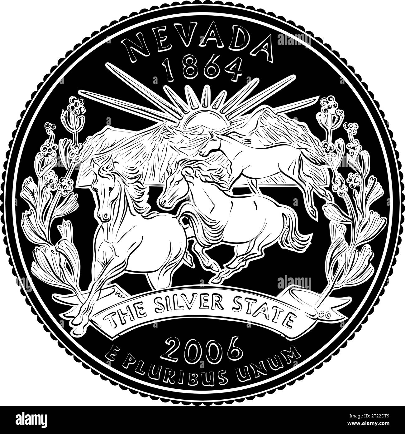 American money, USA Washington quarter dollar Nevada. Black and white image Stock Vector
