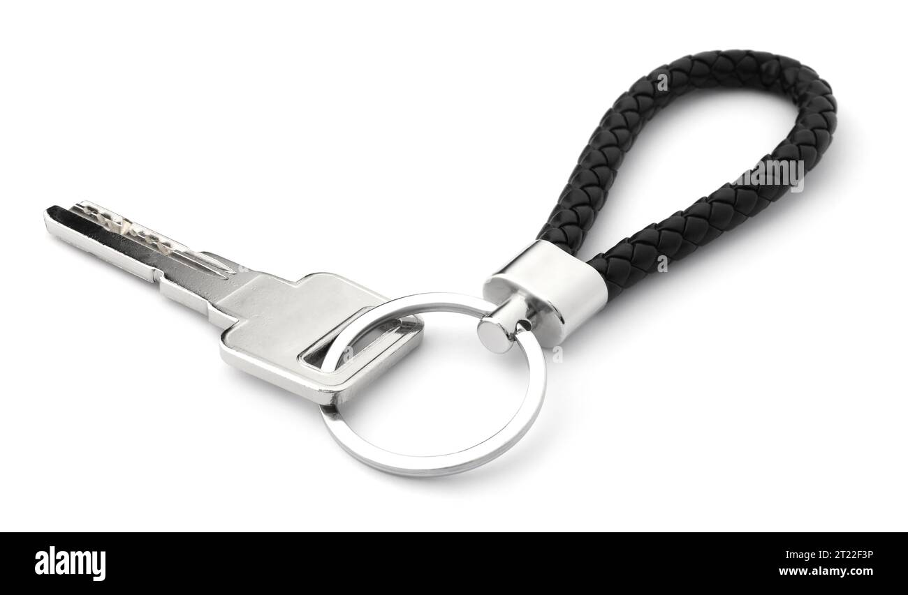 Key with black leather keychain isolated on white Stock Photo