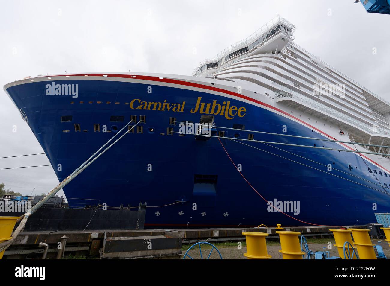 The new cruise ship Carnival Jubilee lies in front of the Meyer shipyard in Papenburg on October 7, 2023. Stock Photo