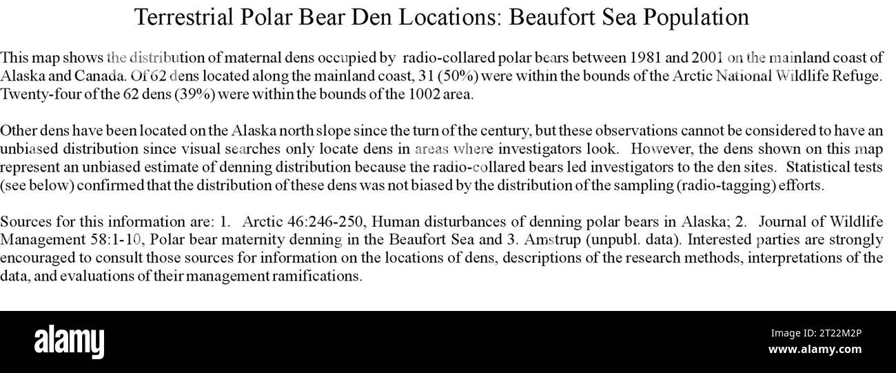 Map information for denning polar bears. Refers to 022-DP-03917.jpg. Subjects: Subpolar environments; Coastal environments; Wildlife Wildlife refuges; Mammals; Tundra.  . 1998 - 2011. Stock Photo