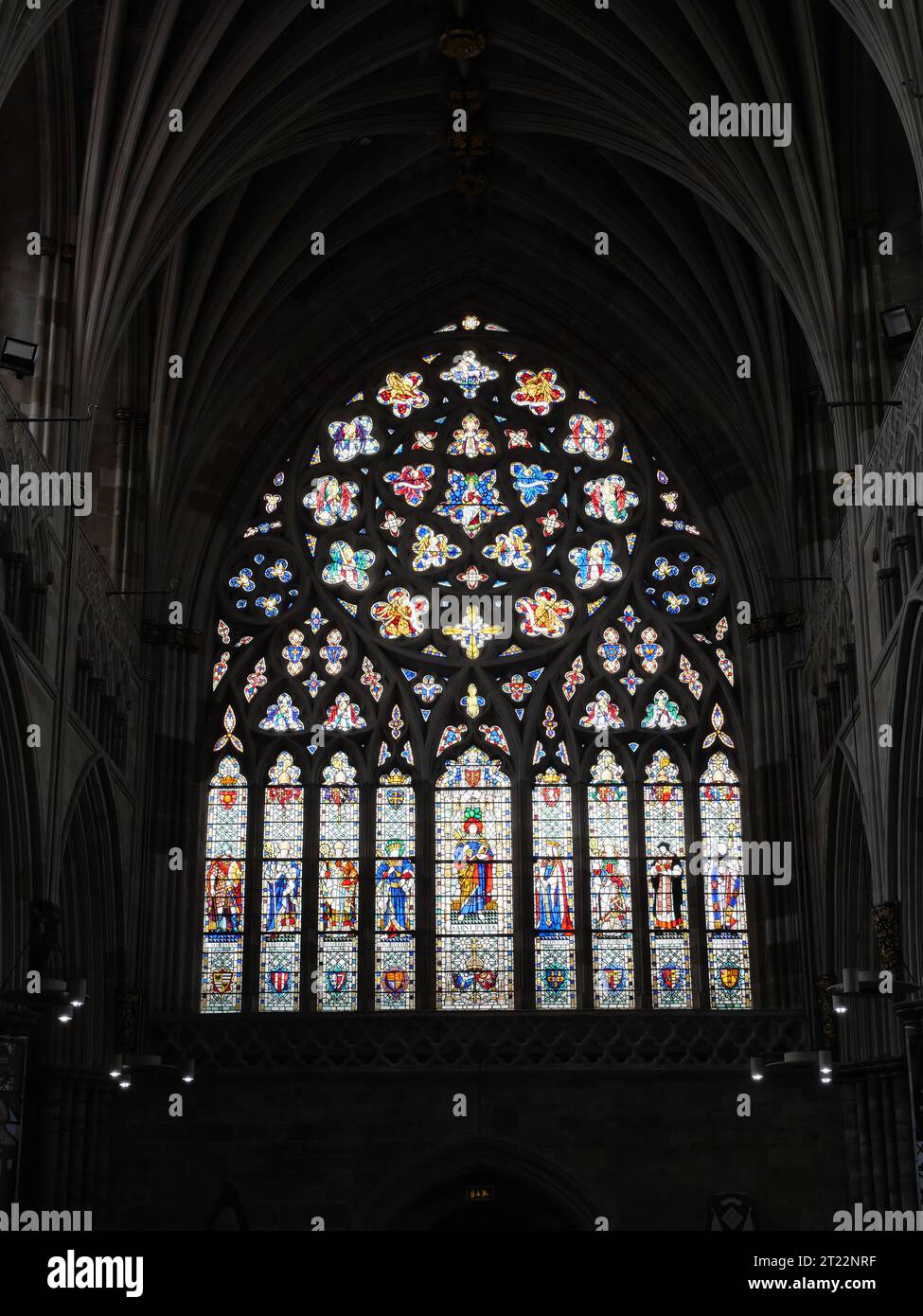 Historic stained glass windows in gothic cathedral of Winchester in