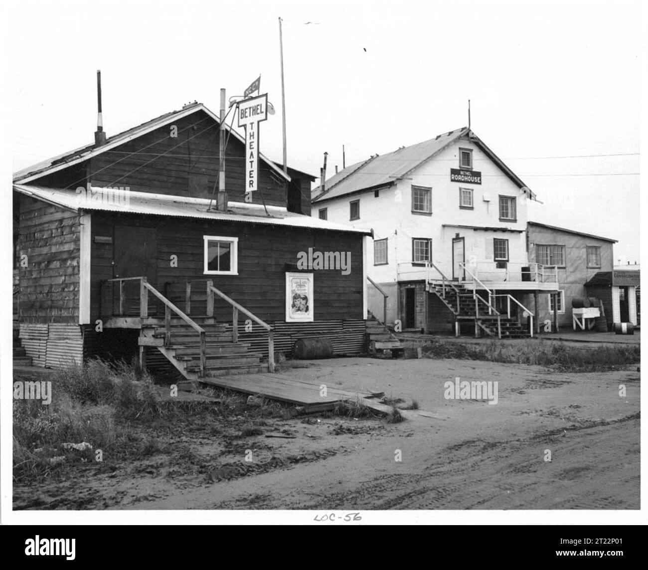 The Pribilof Report 1949. Theater and roadhouse, Northern Commercial Company's Bethel Theater has movie poster posted on front of building 'Beyond Glory,' a 1948 movie. Bethel is the town where the Yukon Delta National Wildlife Refuge (YUDE) is located. Subjects: Wildlife refuges; Villages; Buildings, facilities and structures; History. Location: Alaska. Fish and Wildlife Service Site: YUKON DELTA NATIONAL WILDLIFE REFUGE. Stock Photo