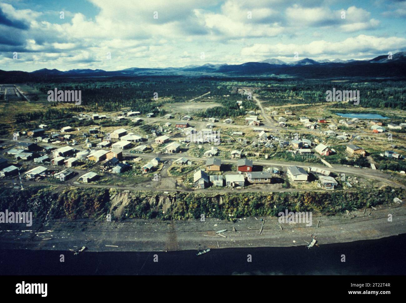 Aerial view of the village of Kaltag and the Yukon River. Kaltag is located near the Innoko National Wildlife Refuge. This village is a checkpoint for the Iditarod Trail Race. Subjects: Villages; Villagess; Aerial photography photography; Rivers and streams; Yukon River; Alaska.  . 1998 - 2011. Stock Photo