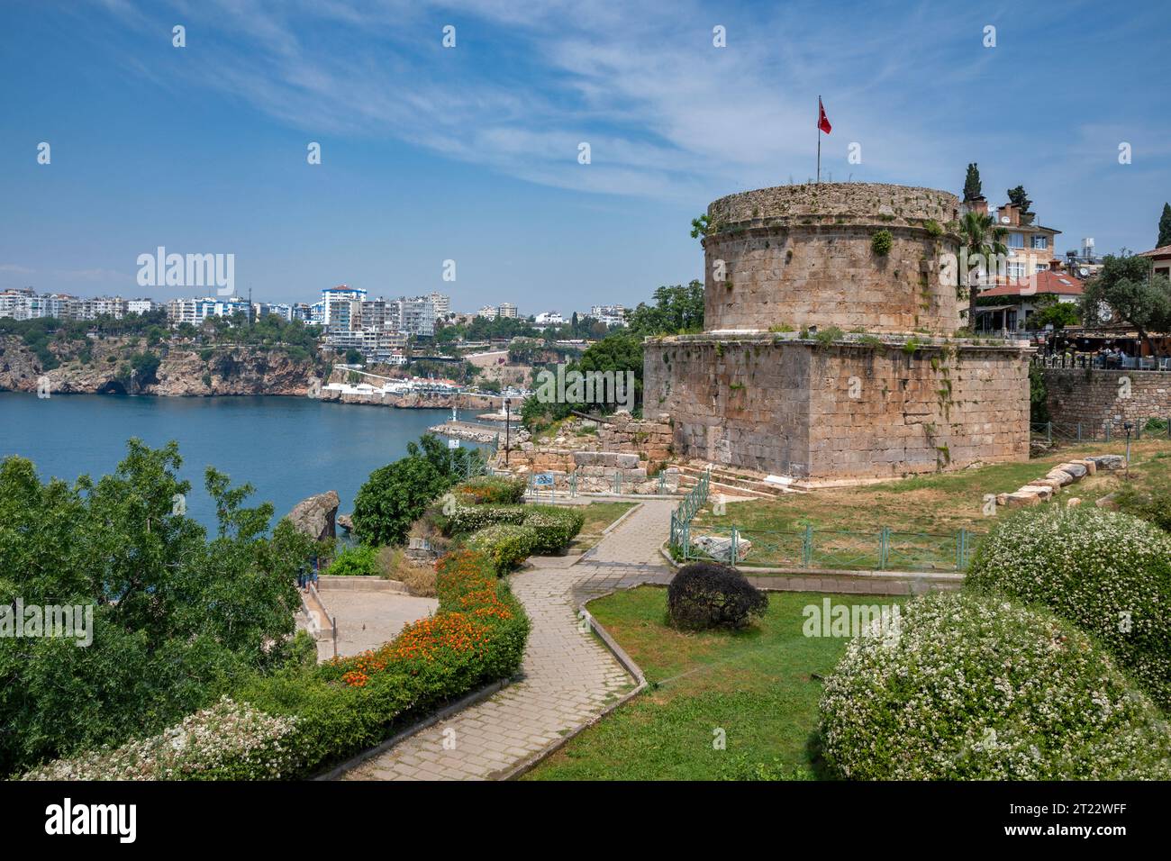 Ancient Castle Tower(Hidirlik) in old town Kaleici, Antalya,Mediterranian coast ,South Turkey Stock Photo