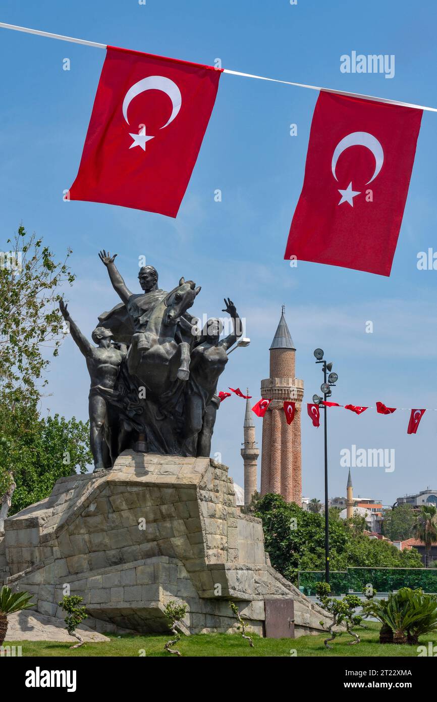 Monument of Mustafa Kemal Ataturk and Yivliminare Mosque in Antalya Stock Photo