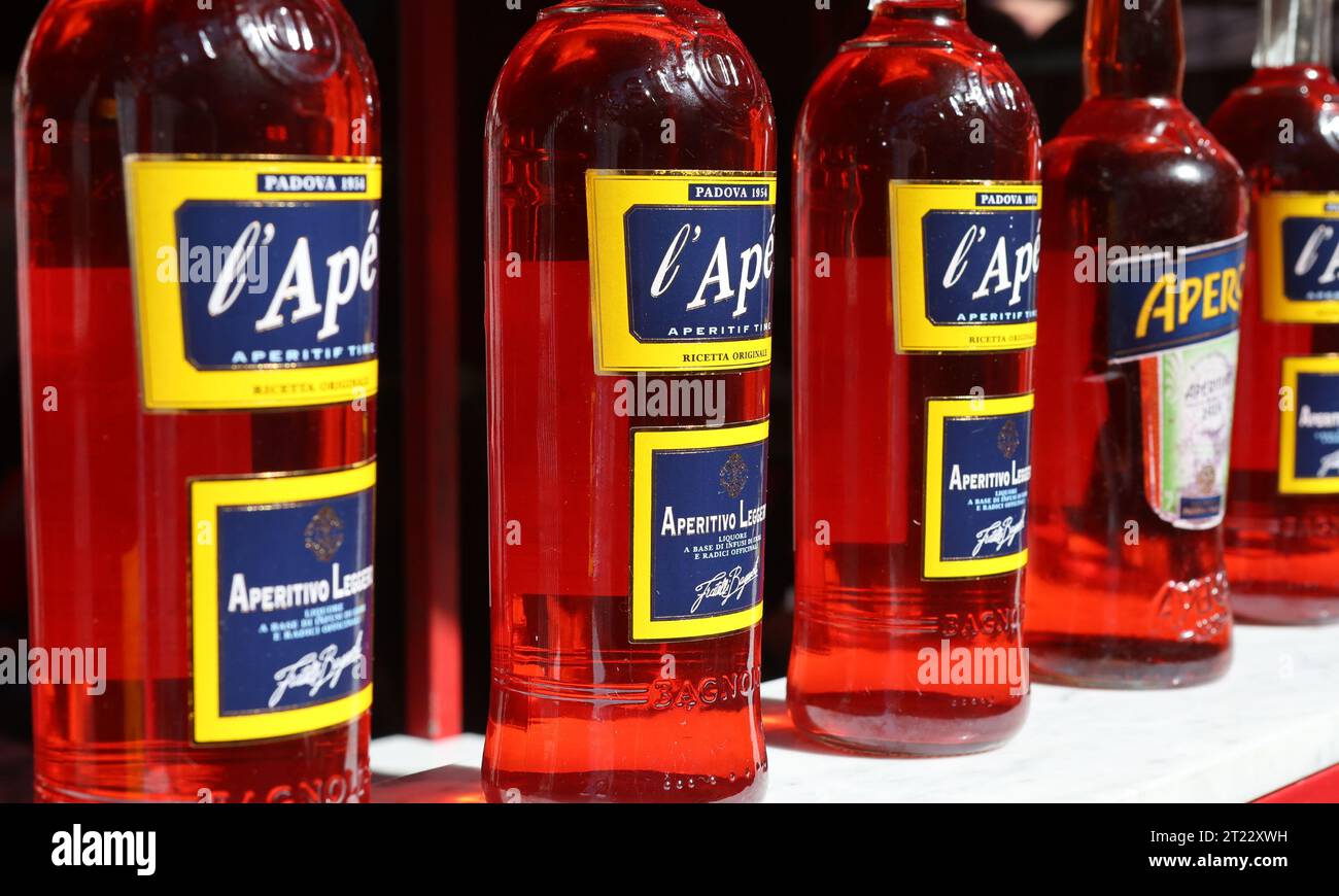 Bottles of Aperol spritz on display in the Ballaro Market, Palermo, Sicily Stock Photo