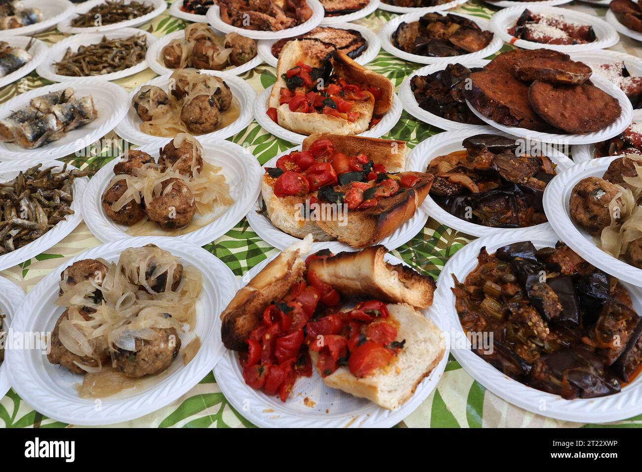Street food on display at a cafe in the Ballaro Market, Palermo, Sicily Stock Photo