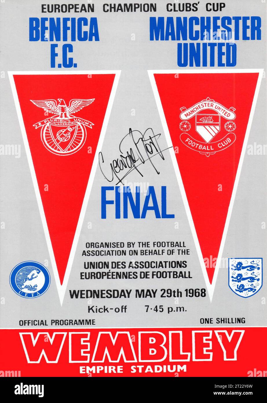 Autographed 1968 European Cup Final Programme, Man Utd vs Benfica, signed by George Best, Wembley Stadium Stock Photo