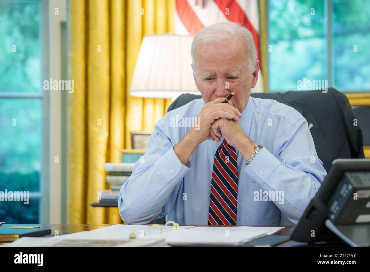 President Joe Biden participates in a phone call with Quint leaders Emmanuel Macron of France, Prime Minister Giorgia Meloni of Italy, Chancellor Olaf Scholz of Germany and United Kingdom Prime Minister Rishi Sunak, Monday, October 9, 2023, in the Treaty Room of the White House. Stock Photo