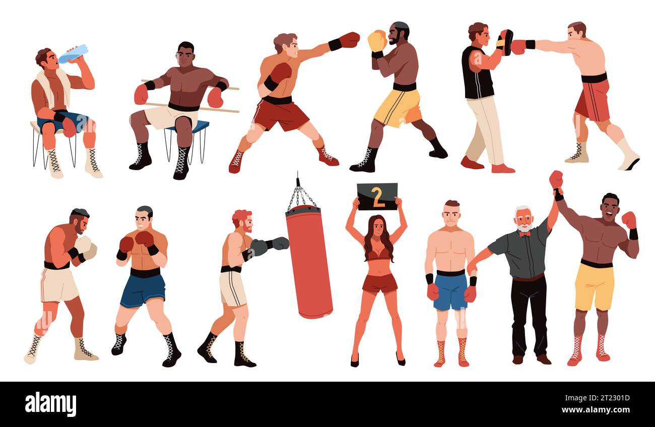 Boxing sparring. Cartoon fighters and opponents characters, training