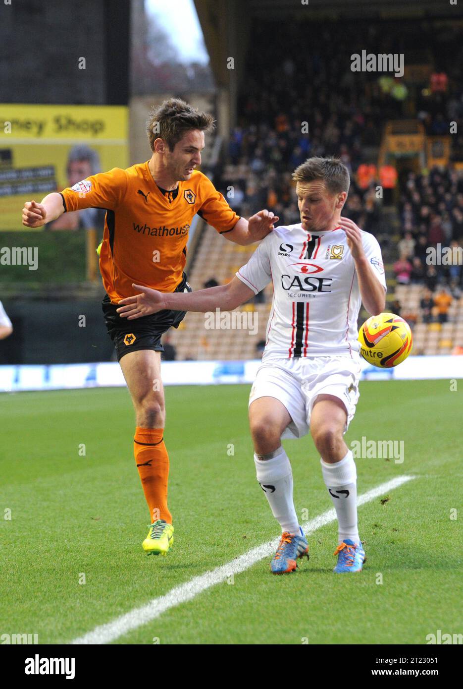 Kevin Doyle of Wolves and Stephen Gleeson of MK Dons. Sky Bet Football League One -  Wolverhampton Wanderers v MK Dons 14/12/2013 Stock Photo