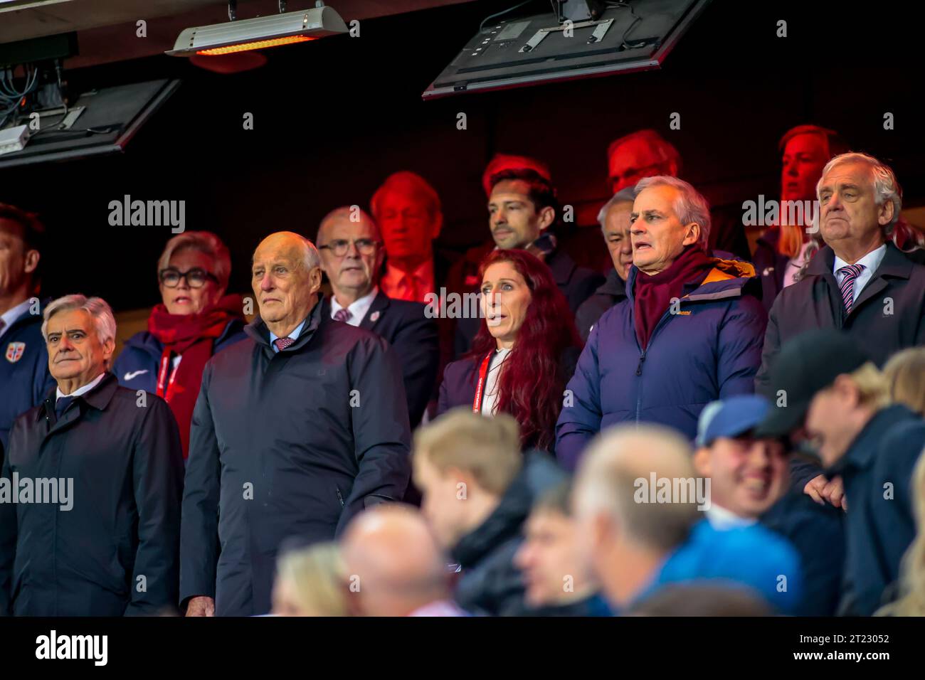 Oslo, Norway, 15th October 2023. King Harald (second from left) and norwegian Prime Minister Jonas Gahr Støre (second from right) was present at the Euro 2024 Qualification match between Norway and Spain at Ullevål Stadium in Oslo. Credit: Frode Arnesen/Alamy Live News Stock Photo