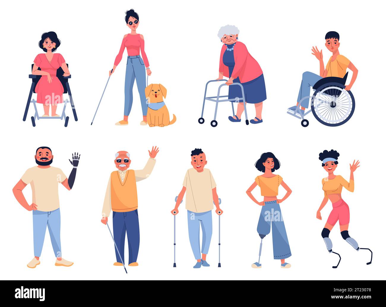 Disability characters. People with prosthesis and auxiliary elements, positive persons with special needs, blindness, limbs lack. Paralyzed man and Stock Vector