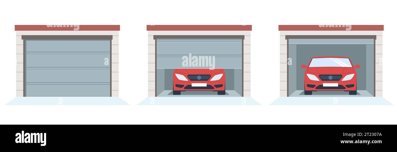 Garage door, with opening roller shutters. Closed and opened, car