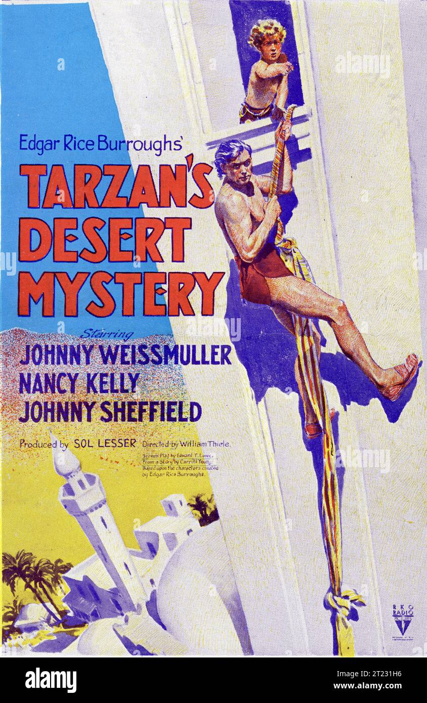 Poster Art for TARZAN'S DESERT MYSTERY 1943 starring JOHNNY WEISSMULLER and JOHNNY SHEFFIELD Director WILHELM THIELE Based on the character created by EDGAR RICE BURROUGHS Music PAUL SAWTELL RKO Radio Pictures Stock Photo