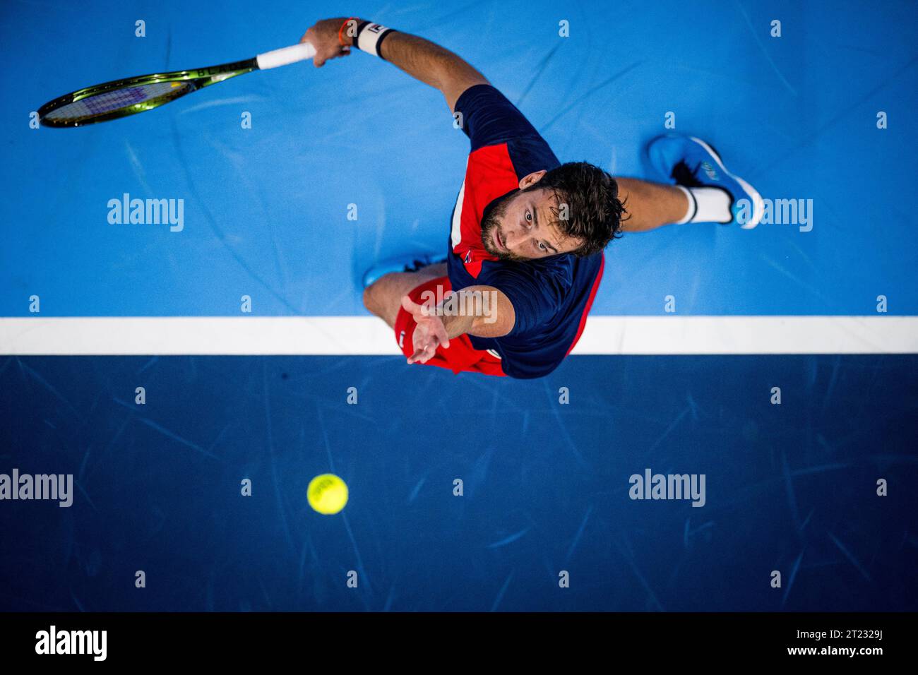 Antwerp, Belgium. 16th Oct, 2023. French Quentin Halys pictured in action during a first round match at the European Open Tennis ATP tournament, in Antwerp, Monday 16 October 2023. BELGA PHOTO JASPER JACOBS Credit: Belga News Agency/Alamy Live News Stock Photo