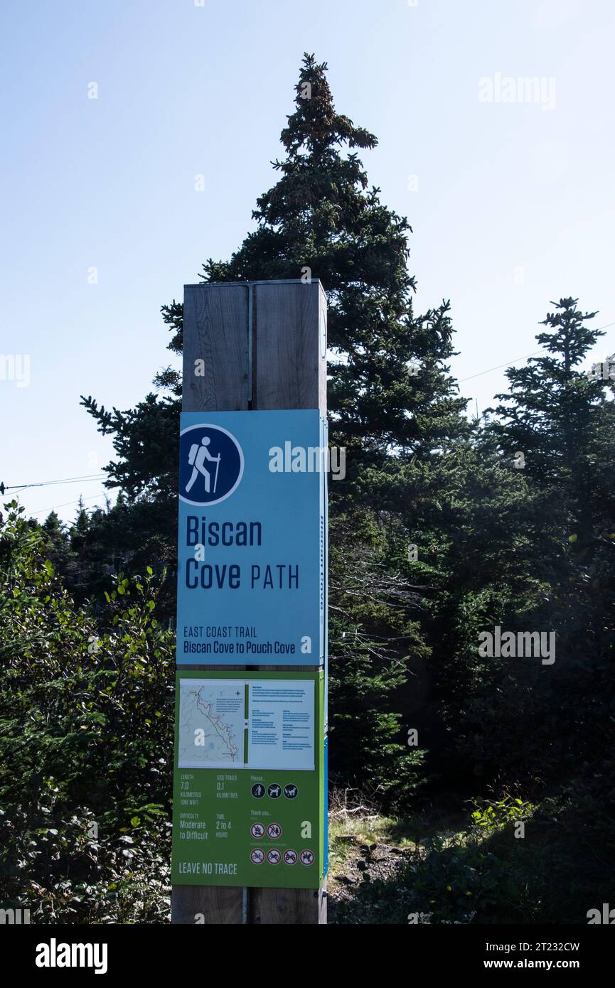 East Coast Trail Biscan Cove Path sign in Pouch Cove, Newfoundland
