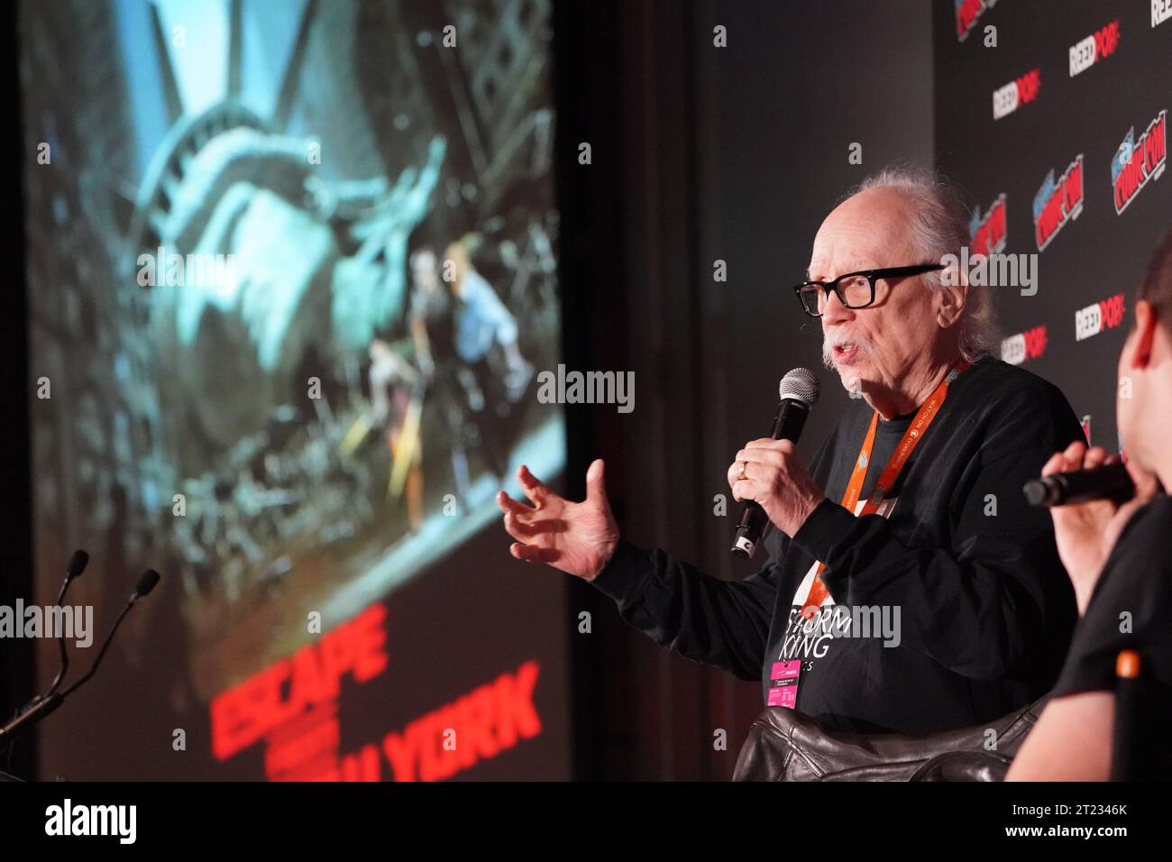 New York, New York, USA. 13th Oct, 2023. Director and composer JOHN CARPENTER discusses his life's work including his film Escape From New York and takes questions at the 2023 New York Comic Con at the Jacob Javits Center on October 13, 2023 in New York. (Credit Image: © Bryan Smith/ZUMA Press Wire) EDITORIAL USAGE ONLY! Not for Commercial USAGE! Stock Photo