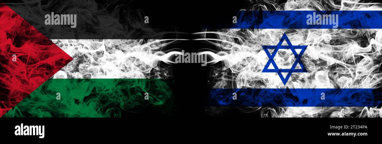 Israeli and Palestinian flag in smoke on BLACK background. Concept of