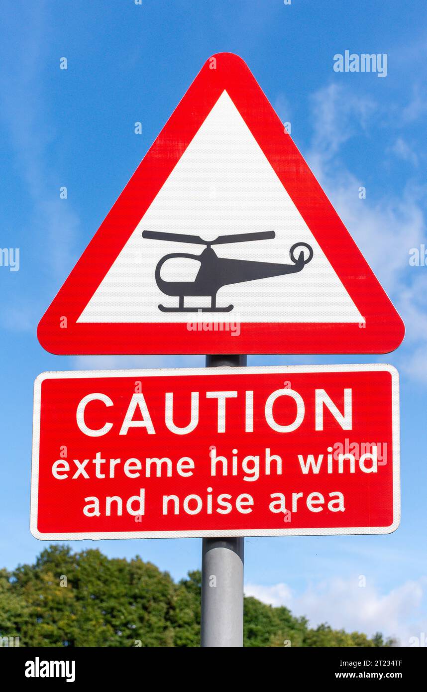 Wind and noise caution helicopter sign, Tunbridge Wells Hospital at Pembury, Tonbridge Road, Pembury, Kent, England, United Kingdom Stock Photo