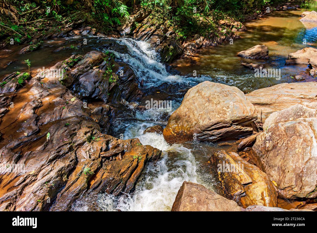 Stream of calm waters between rocks and surrounded by vegetation Stock Photo