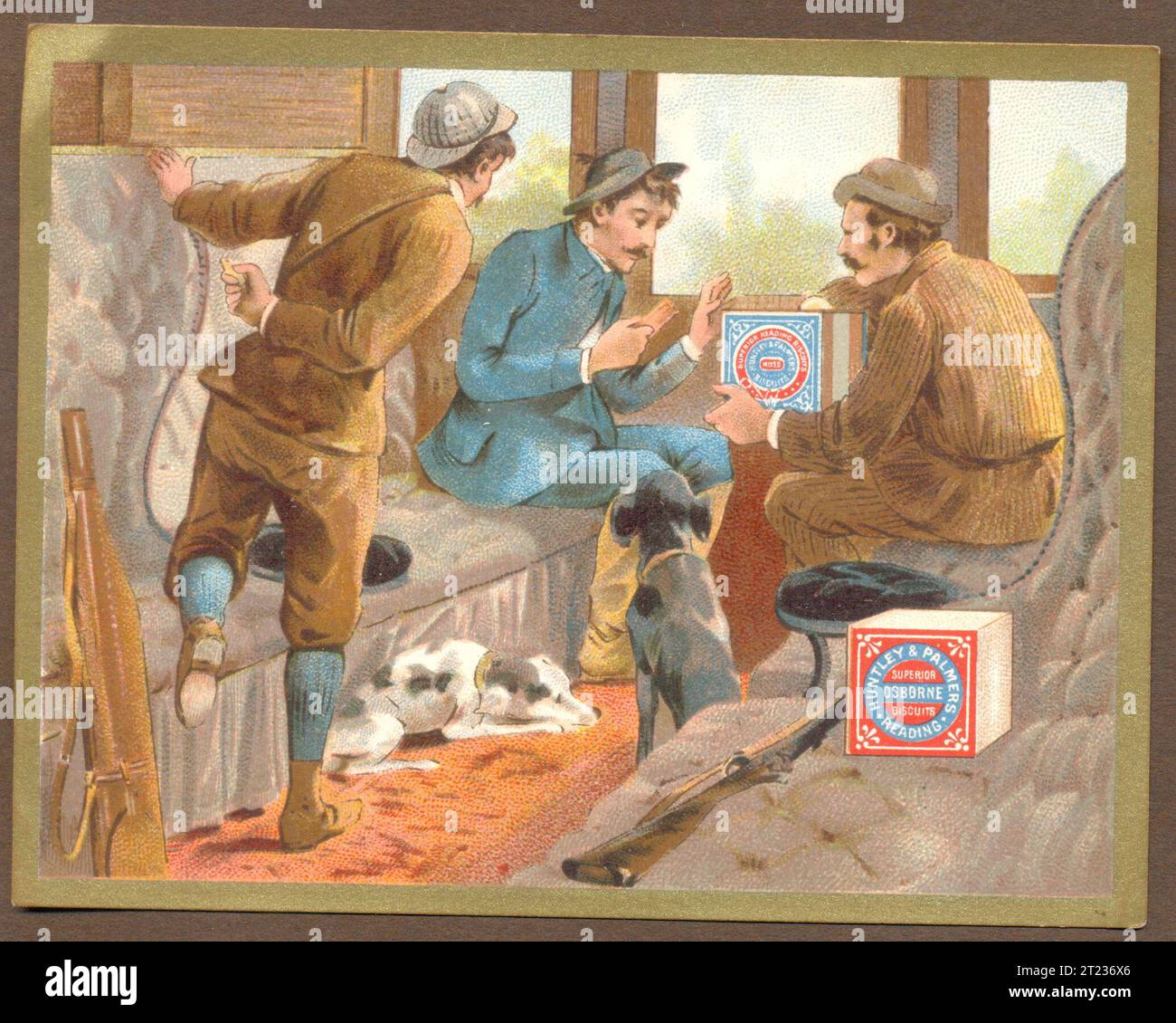 Chromolithographed advertisement for Huntley & Palmers Superior Osborne Biscuits 1879  showing game keepers in railway carriage Stock Photo