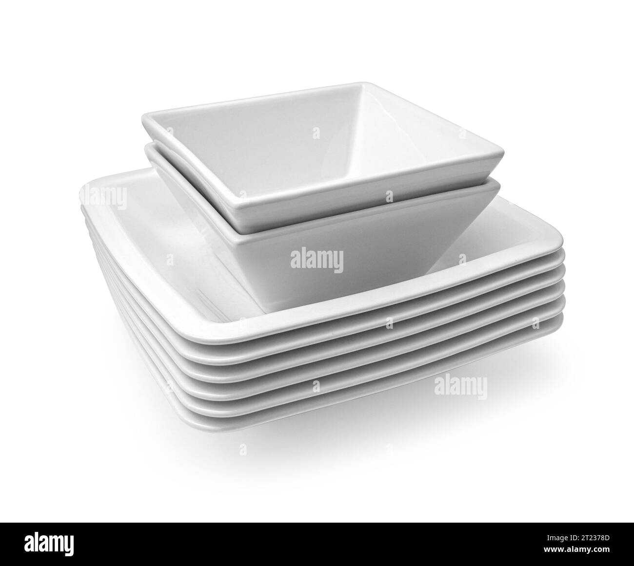 a stack of square white plates isolated on white background with