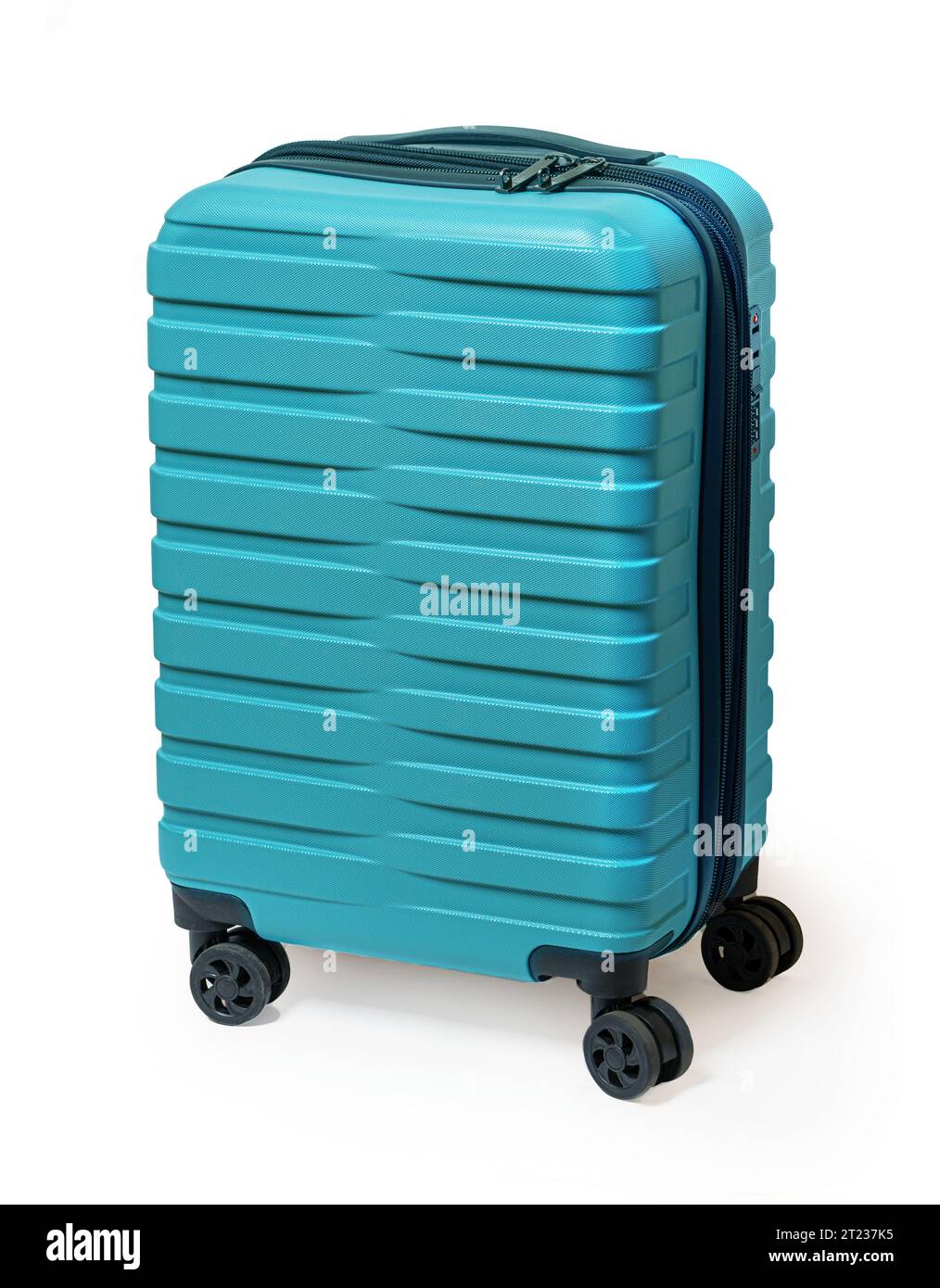Blue plastic suitcase isolated on white Stock Photo