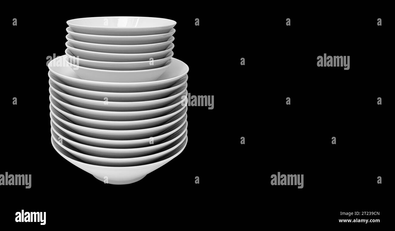 A stack of square white plates isolated on black background with copy ...