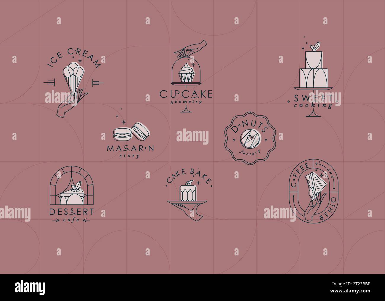 Bakery dessert labels with lettering in art deco style drawing on coral ...