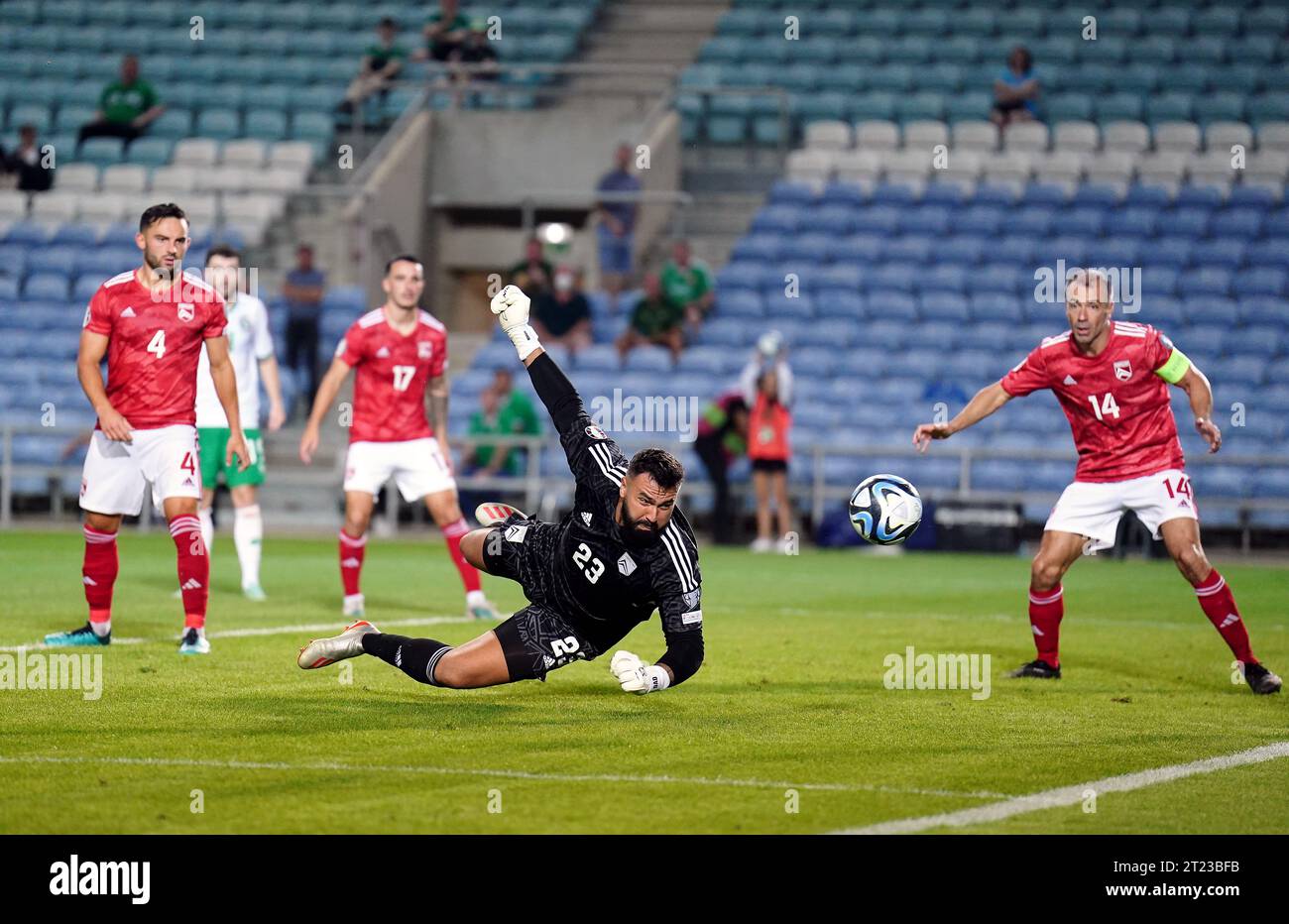 Gibraltar goalkeeper Dayle Coleing makes a save during the UEFA Euro 2024 Qualifying Group B match at the Estadio Algarve, Almancil. Picture date: Monday October 16, 2023. Stock Photo