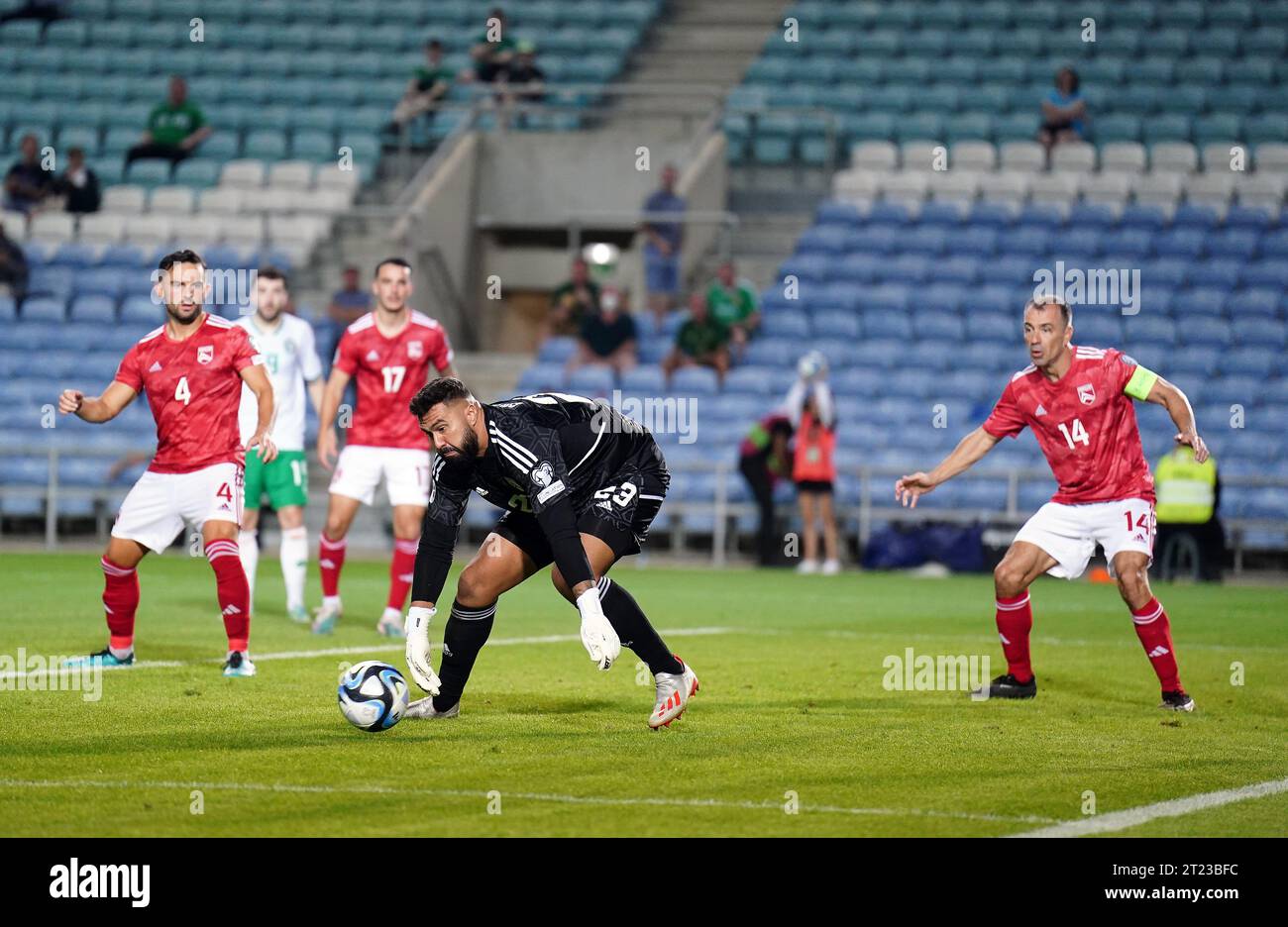 Gibraltar goalkeeper Dayle Coleing makes a save during the UEFA Euro 2024 Qualifying Group B match at the Estadio Algarve, Almancil. Picture date: Monday October 16, 2023. Stock Photo