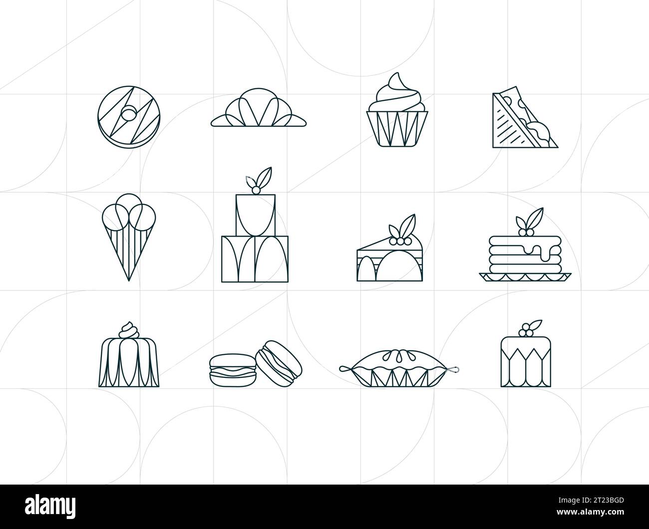 Dessert icons in art deco style donut, croissant, cupcake, sandwich