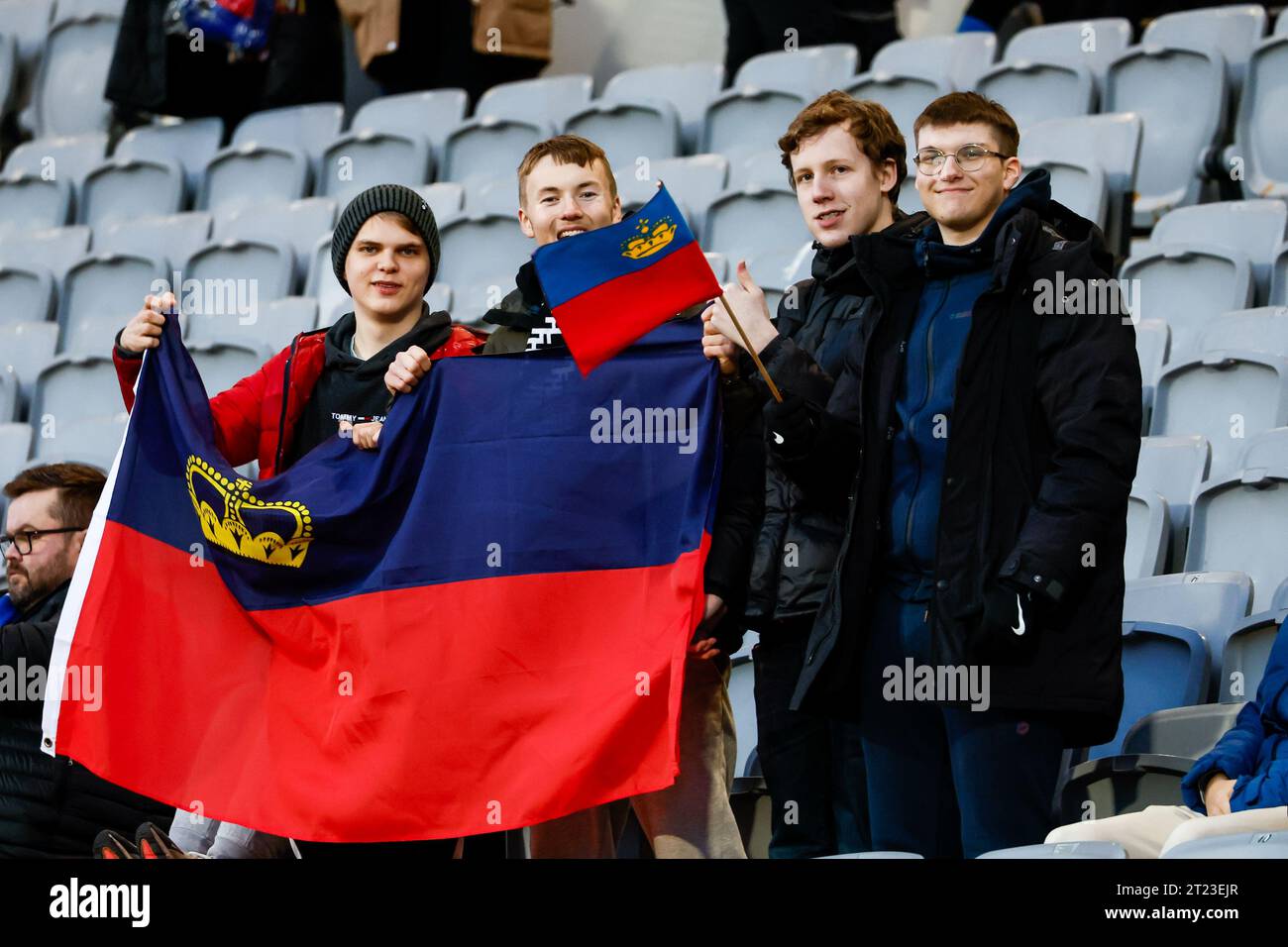 Iceland. 16th Oct, 2023. Reykjavik, Iceland, October 16th 2023: Fans of Liechtenstein during the UEFA European Qualifiers football match between Iceland and Liechtenstein at Laugardalsvollur in Reykjavik, Iceland. (Gunnar Örn Árnason/SPP) Credit: SPP Sport Press Photo. /Alamy Live News Stock Photo