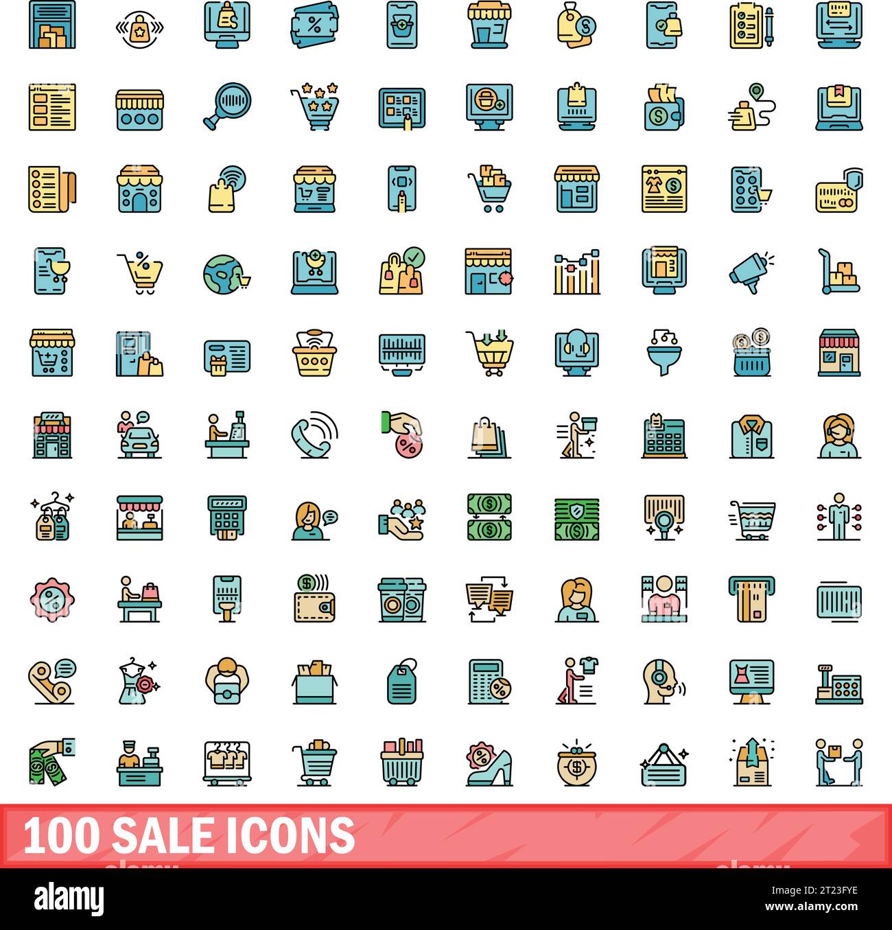 100 sale icons set. Color line set of sale vector icons thin line color flat on white Stock Vector