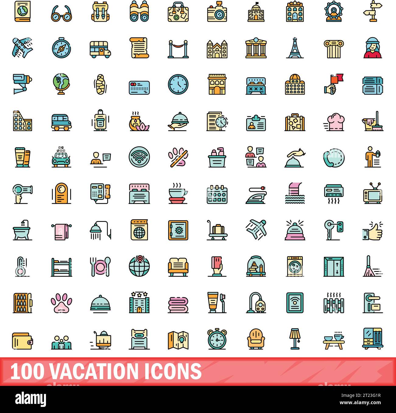 100 vacation icons set. Color line set of vacation vector icons thin line color flat on white Stock Vector