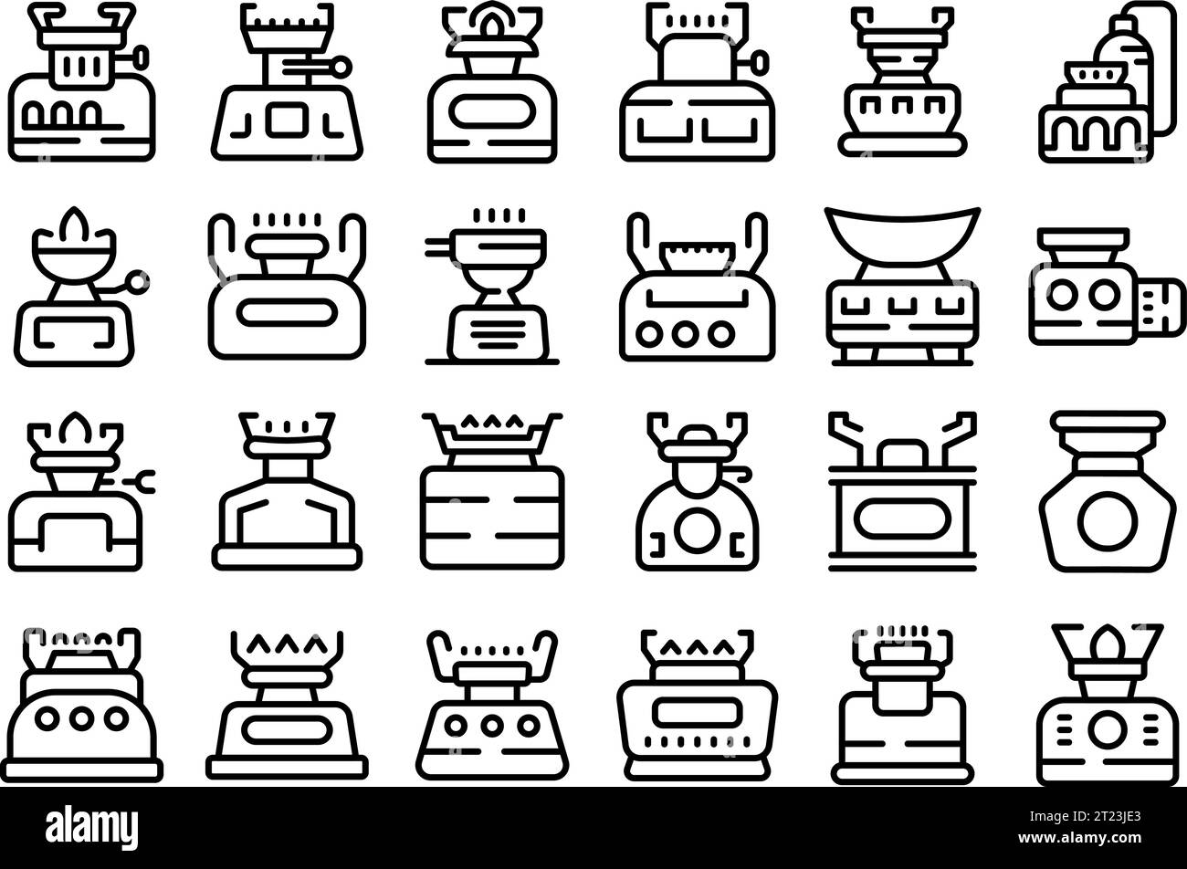 Camping stove icons set outline vector. Fuel energy. Burner camp fire Stock Vector