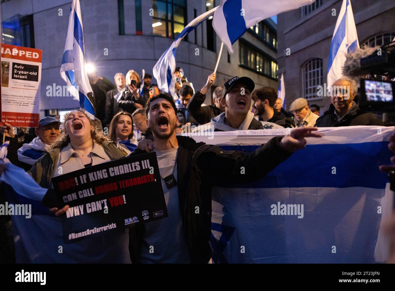 Pro-Israeli activists gathered at Broadcasting House in London to protest at the BBC’s decision not to label Hamas as 'terrorists', 16th October 2023. Stock Photo