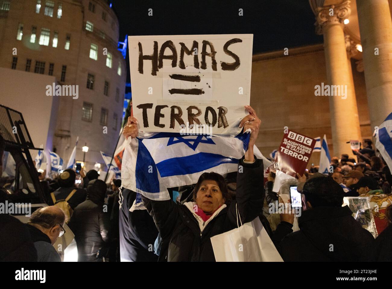 Pro-Israeli activists gathered at Broadcasting House in London to protest at the BBC’s decision not to label Hamas as 'terrorists', 16th October 2023. Stock Photo