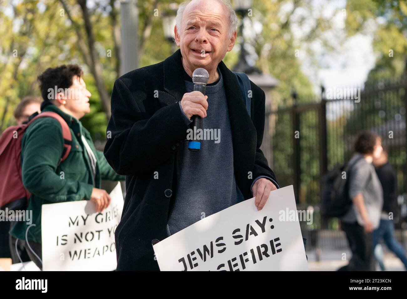 Actor Wallace Shawn speaks during a protest advocating for a ceasefire ...