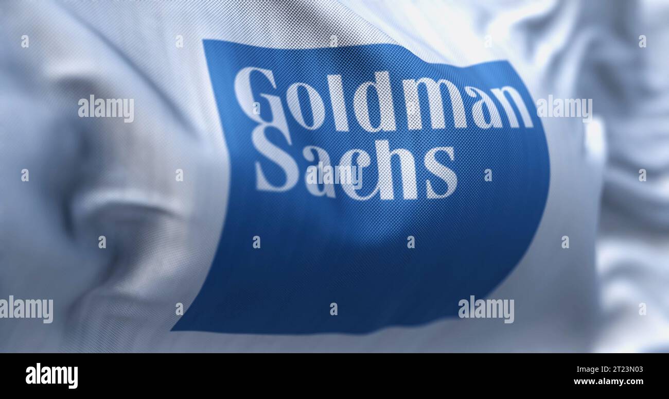 New York, US, Aug. 1 2023: Close-up of Goldman Sachs bank flag waving. Illustrative editorial 3d illustration. Finance and banking. Selective focus Stock Photo