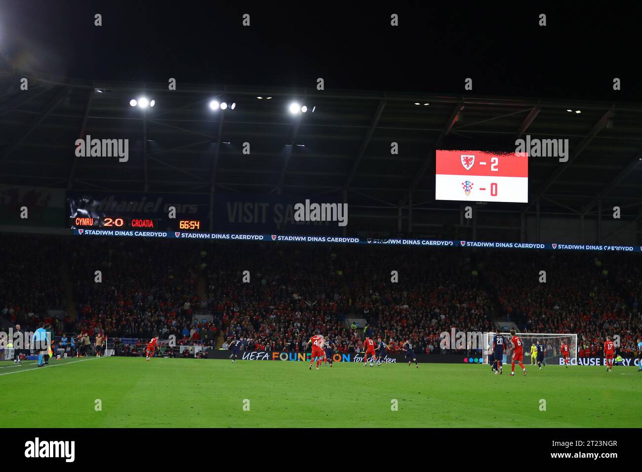 Cardiff, UK. 15th Oct, 2023. A general view as the scoreboard shows ...