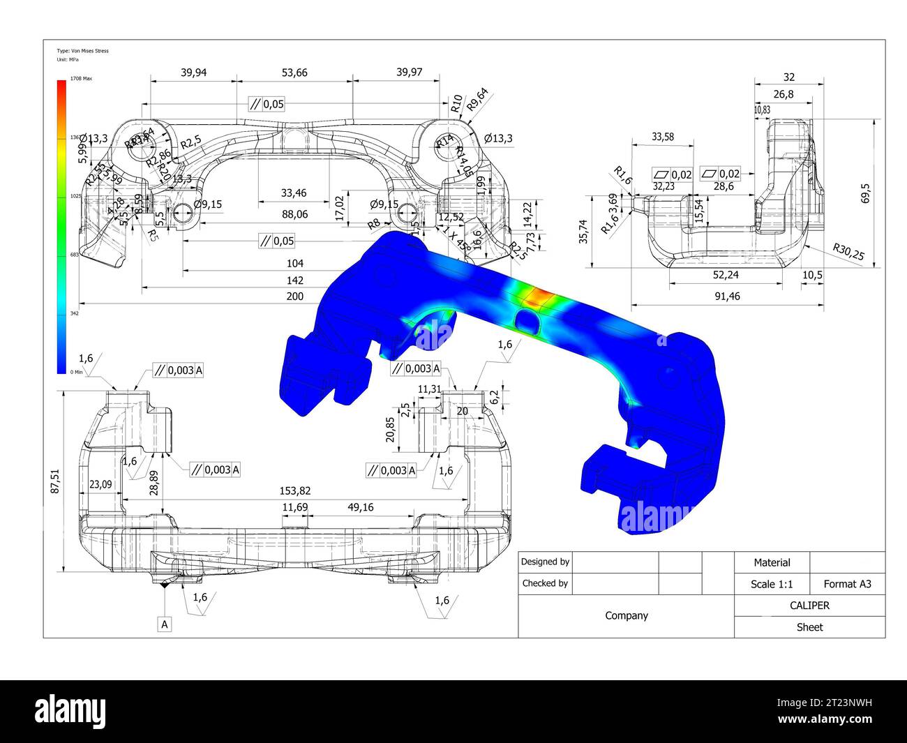 caliper car technical design ,forces applied fem finite analysis, engineering testing before manufacturing Stock Photo