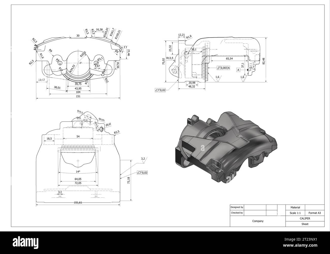 caliper car technical design ,technical drawing, engineering testing before manufacturing Stock Photo