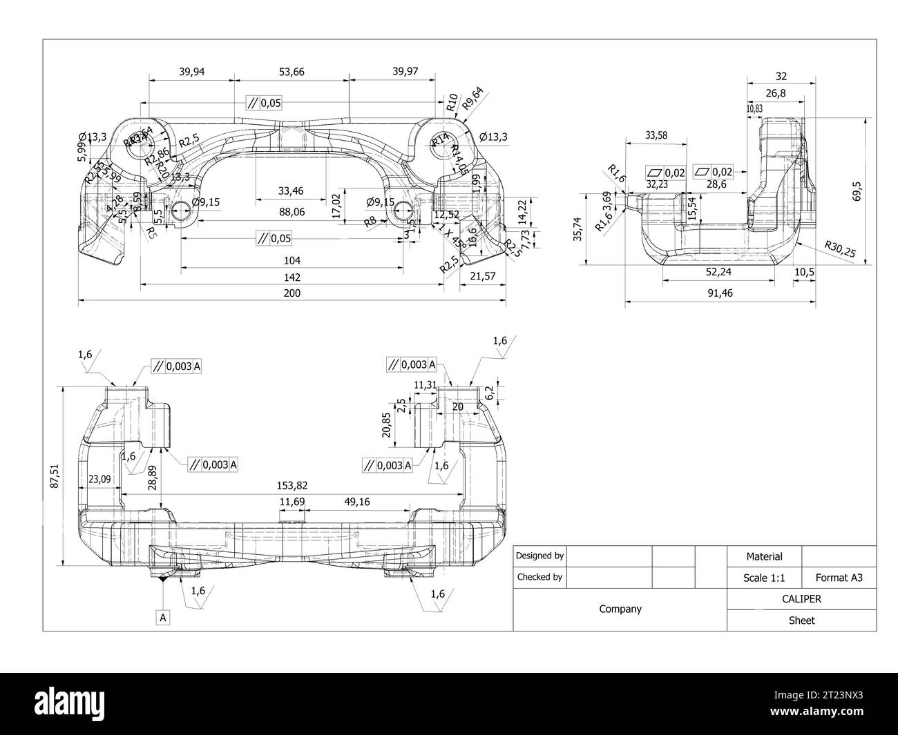 caliper car technical design ,forces applied fem finite analysis, engineering testing before manufacturing Stock Photo