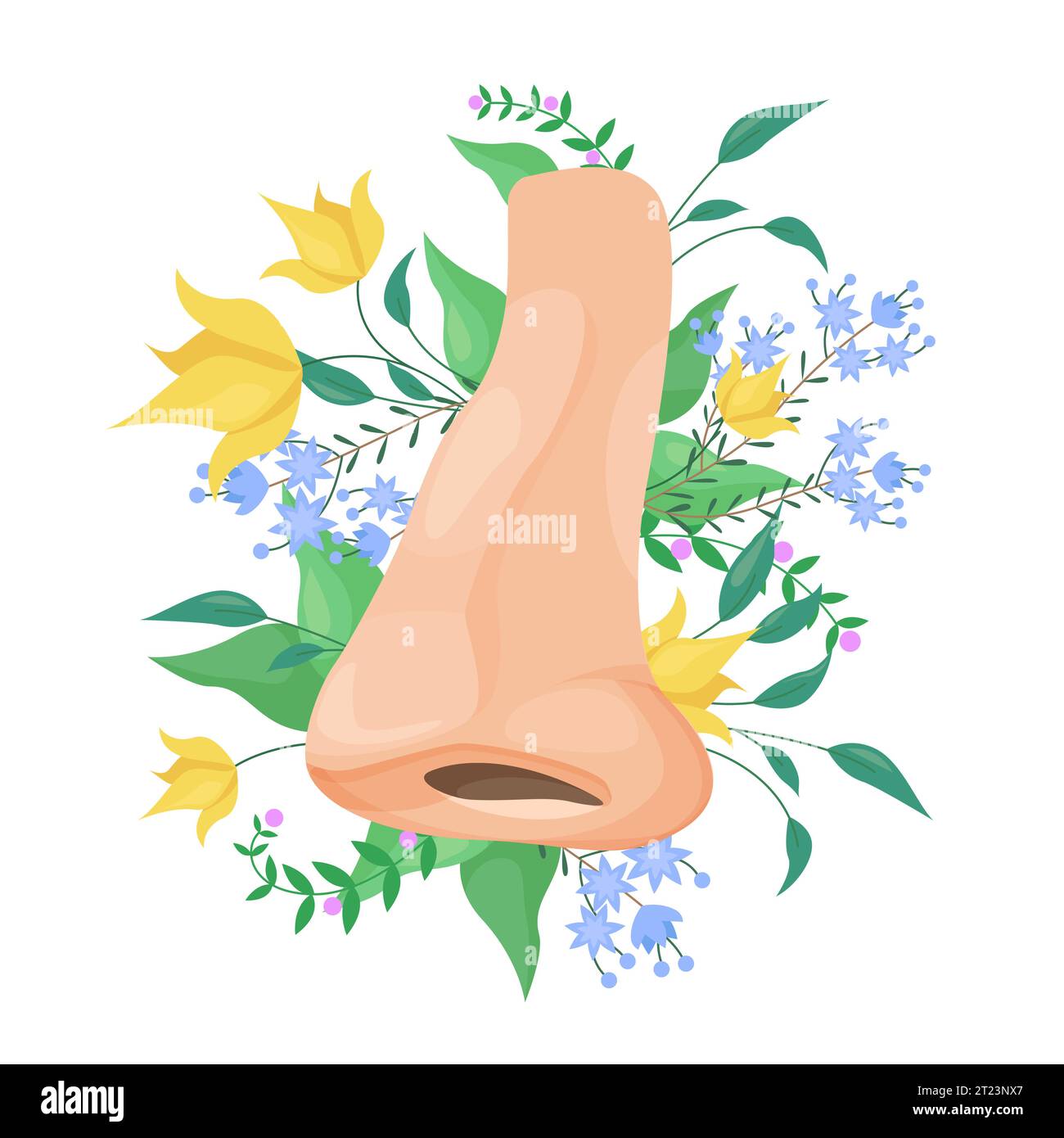 Human nose with flowers vector illustration. Cartoon isolated floral bouquet, plants and side view of nose with nostril, care of sense of smell and nasal health, rhinoplasty and and disease treatment Stock Vector