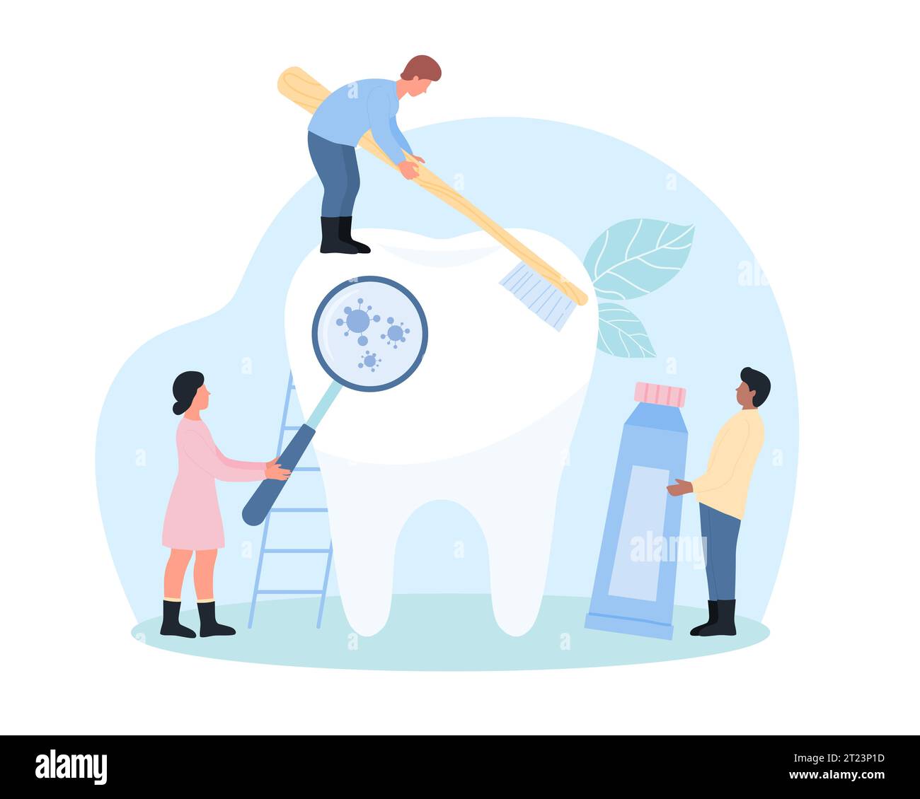 Teeth brushing, oral hygiene vector illustration. Cartoon tiny people holding toothbrush and healthy toothpaste to clean giant human tooth, woman examine dental germs in mouth under magnifying glass Stock Vector